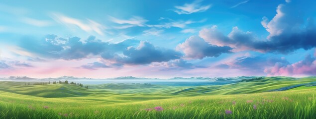 Green grass field agains the blue cloud sky, Generative AI