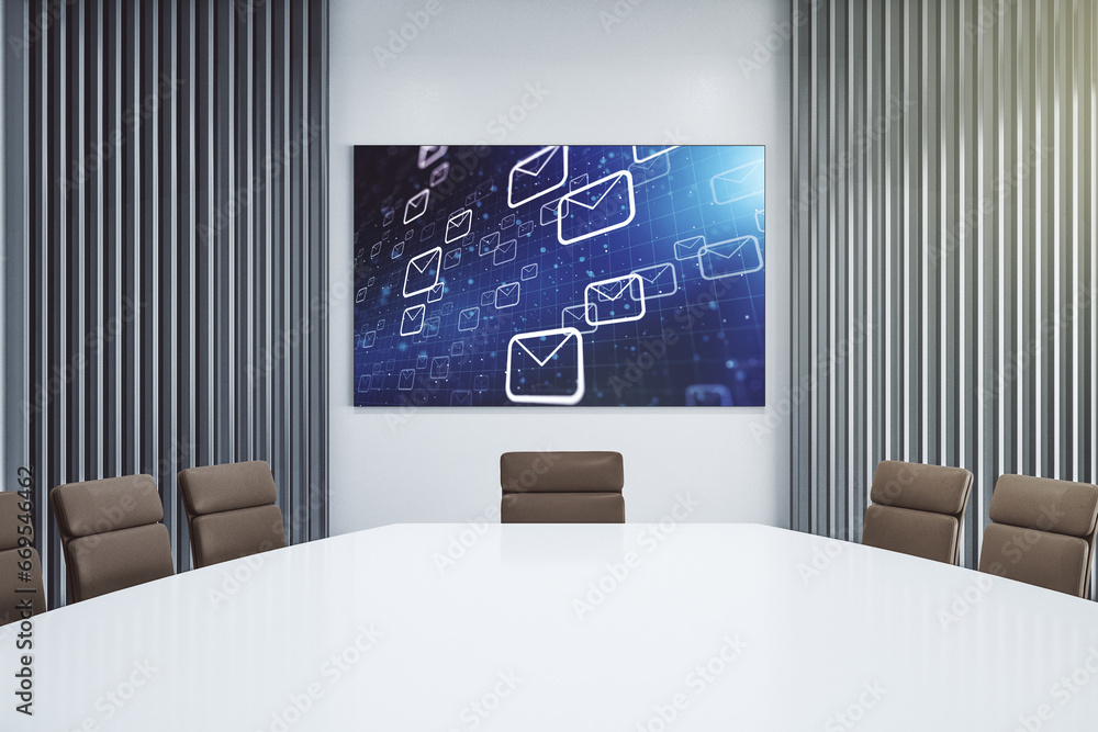 Poster Creative concept of postal envelopes illustration on presentation screen in a modern conference room. Email and communications concept. 3D Rendering