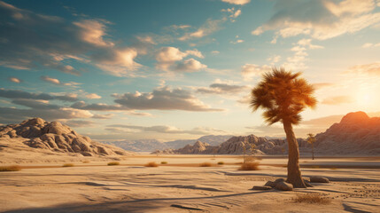 A sun-baked desert vista with a single, lonely palm tree in the foreground - obrazy, fototapety, plakaty