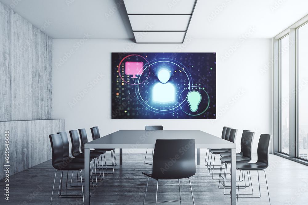 Poster social network icons concept on presentation monitor in a modern boardroom. networking concept. 3d r