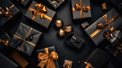 Free real photo modern black Friday sale with black background and golden gift boxes