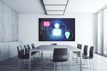 Social network icons concept on presentation monitor in a modern boardroom. Networking concept. 3D Rendering