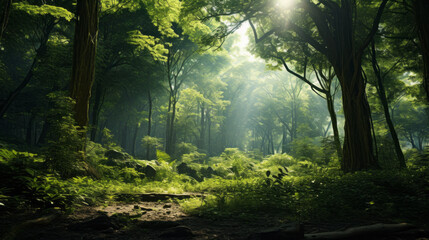 A stunning view of a lush, green forest, with a few rays of sunlight shining through the trees and a few birds flying in the sky - obrazy, fototapety, plakaty