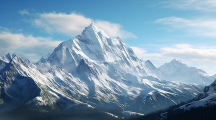 A stunning view of a towering mountain, with a few snow-capped peaks in the background