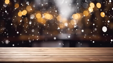 Empty wooden table top with blurred bokeh snow background.Winter product display background.AI Generative.