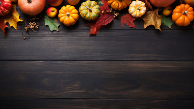 Autumn and fall dark wooden background banner with pumpkins and colorful orange and red leaves