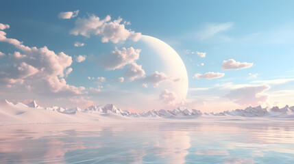 Fantasy pink landscape planet with snowy mountains and sunset. 3D illustration.