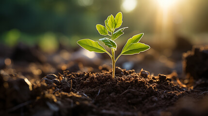 Seedling emerges from the rich soil, bathed in warm sunlight streaming through the leaves of a majestic oak tree. Generative ai.