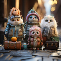 Group of five whimsical, furry creatures with suitcases on cobblestone street.