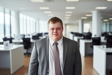 Modern business, an adult with Down syndrome achieving success in a corporate environment