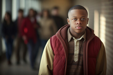 Fototapeta premium Special education, an African American teenager with Down syndrome studying
