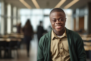 Obraz premium African American student with Down syndrome, a young man embracing education with a smile