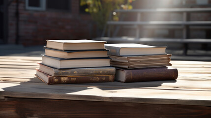 Fototapeta premium A stack of books on a wooden bench, the sun shining through the pages