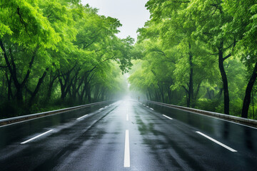 Obraz premium Straight road during rainy day, trees on the side of the road