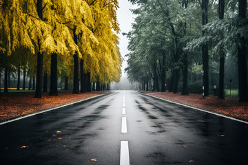Straight road during rainy day, trees on the side of the road