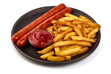 Roasted sausages with french fries, close-up, isolated on white background.