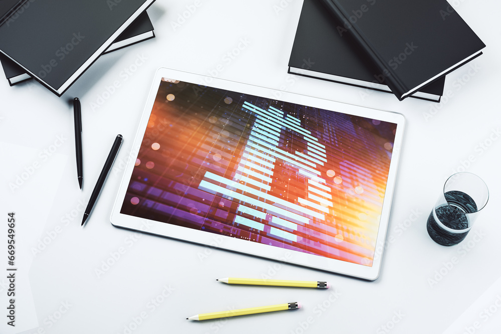 Poster Modern digital tablet monitor with creative Bitcoin symbol. Cryptocurrency concept. Top view. 3D Rendering