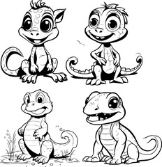 a cartoon, a cute (lizard) coloring page, black and white