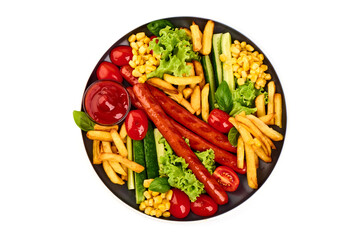 Grilled sausage with french potatoes, isolated on white background.