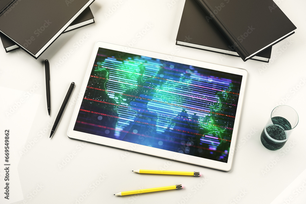 Poster modern digital tablet display with abstract creative world map, research and analytics concept. top 