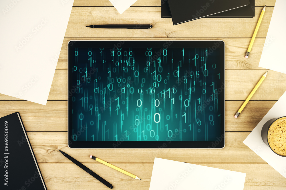 Fototapete creative abstract binary code hologram on modern digital tablet display, ai and machine learning con