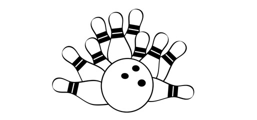 Fototapeta premium Cartoon bowling pin with stripes and bowling ball. Bowling strike idea. Sport or hobby game. Playing in a team, competition or tournament. Bowling pins and skittles. Play kegling team.