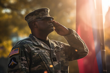 African american army soldier saluting in front of USA flag, patriotism concept