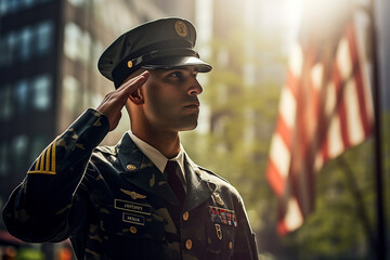 Fototapeta premium African american army soldier saluting in front of USA flag, patriotism concept