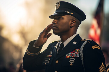 African american army soldier saluting in front of USA flag, patriotism concept