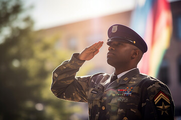 African american army soldier saluting in front of USA flag, patriotism concept