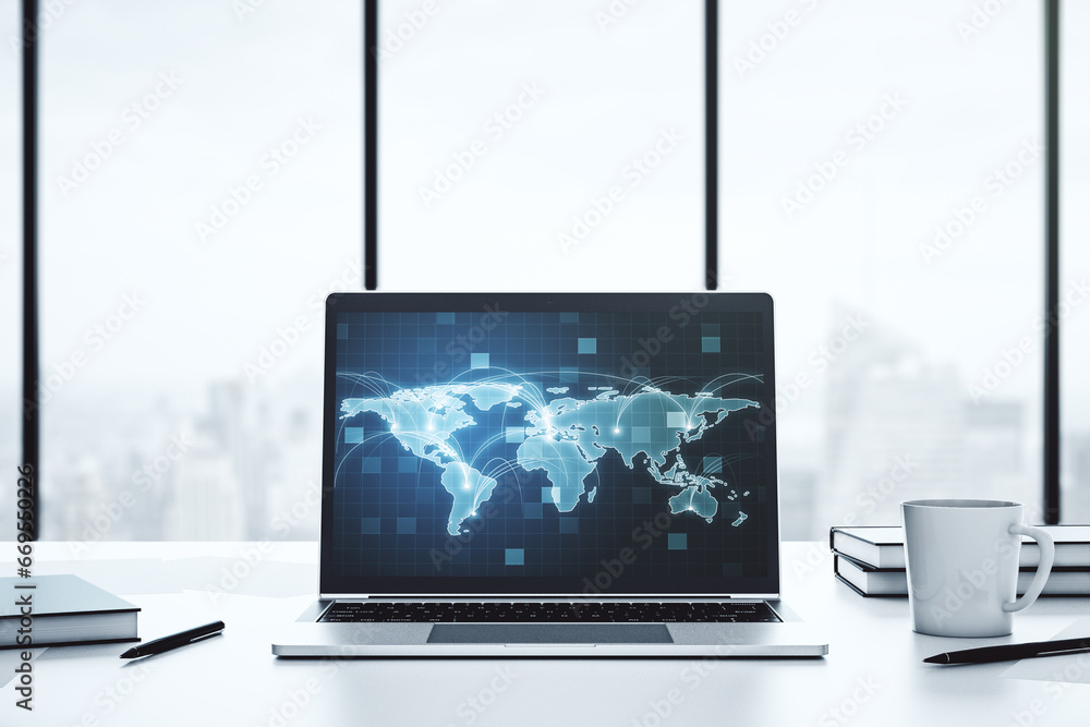 Leinwandbilder Computer monitor with abstract graphic digital world map with connections, globalization concept. 3D Rendering