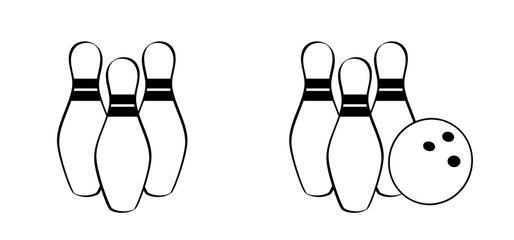 Cartoon bowling pin with stripes and bowling ball. Bowling strike idea. Sport or hobby game. Playing in a team, competition or tournament. Bowling pins and skittles. Play kegling team.