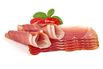 Dry cured jamon, serrano ham slices, isolated on white background.
