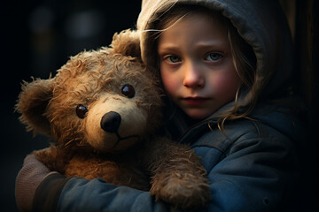 Portrait of sad homeless child on the city streets holding teddy bear - obrazy, fototapety, plakaty