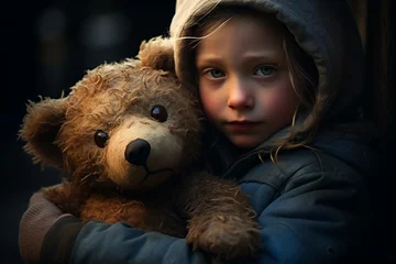 Schilderijen op glas Portrait of sad homeless child on the city streets holding teddy bear © Artofinnovation