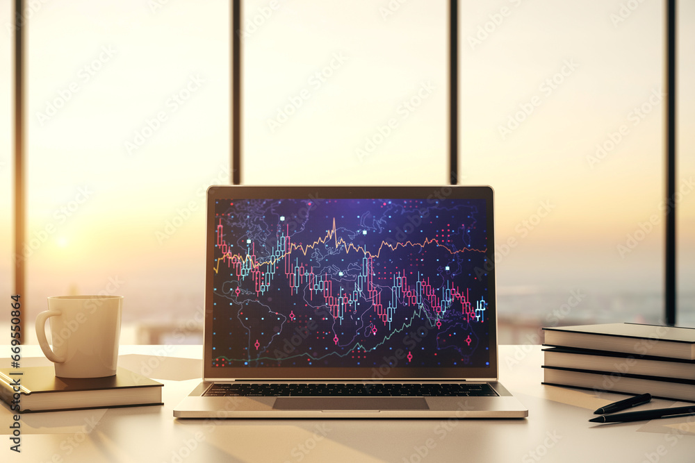 Poster modern computer screen with abstract financial diagram, banking and accounting concept. 3d rendering