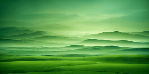 Green landscape wallpaper, with hills and mountains, with more textual space. - obrazy, fototapety, plakaty