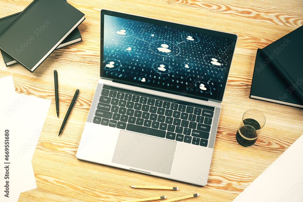 Aufkleber Social network concept on modern laptop screen. 3D Rendering