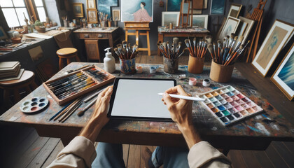 An artist using a tablet with a blank screen. Insert your own screen image. App mockup. Advertising and marketing.