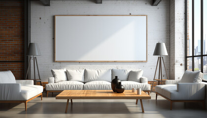 Modern living room Mockup poster frame on the wall, a stylish sofa in Scandinavian Livingroom, 3d rendering, 3d illustration copy space. Stylish interior design