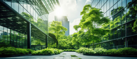 Eco-Friendly Office Building, Green Environment with Trees, Reducing Carbon Footprint. - obrazy, fototapety, plakaty