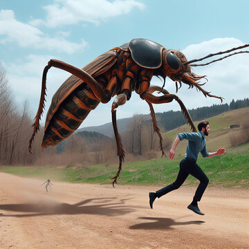 Man running from giant monster on the road  created with Generative AI