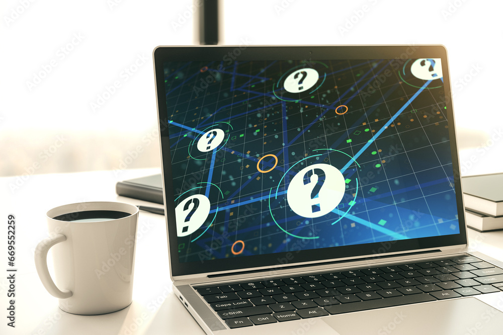 Aufkleber creative abstract question mark sketch on modern laptop monitor, faq and research concept. 3d render