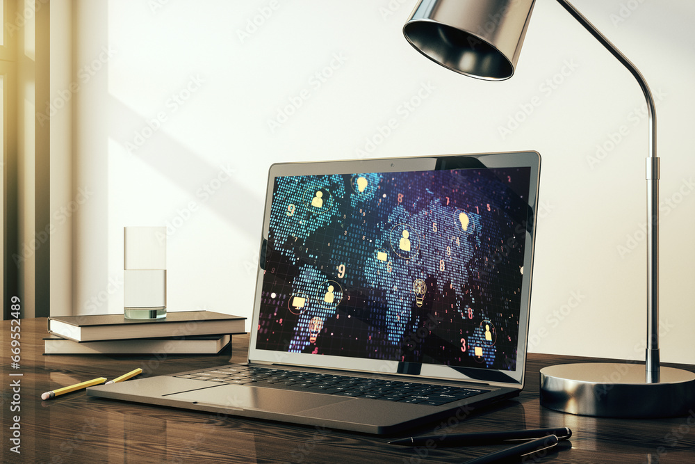 Poster modern computer screen with social network icons concept and world map. networking concept. 3d rende