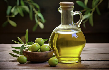 A branch with olives and a bottle of olive oil, highlighted on a white background

Olive oil in a bottle with olives on the table in a rustic style. The concept of the Mediterranean diet.
