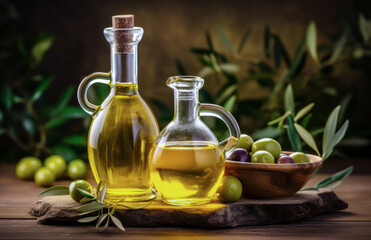 Obraz na płótnie Canvas A branch with olives and a bottle of olive oil, highlighted on a white backgroundOlive oil in a bottle with olives on the table in a rustic style. The concept of the Mediterranean diet. 