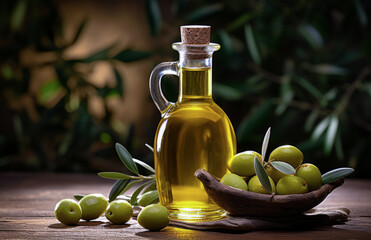 A branch with olives and a bottle of olive oil, highlighted on a white background

Olive oil in a bottle with olives on the table in a rustic style. The concept of the Mediterranean diet.
