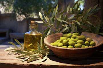 A branch with olives and a bottle of olive oil, highlighted on a dark background. Olive oil in a bottle with olives on the table in a rustic style. The concept of the Mediterranean diet.