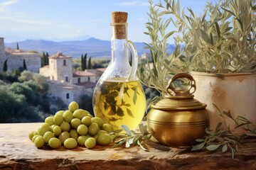 Olive oil in a bottle with olives on the table in a rustic style. The concept of the Mediterranean diet.
