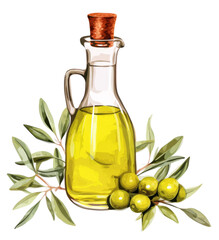 Glass bottle of olive oil with olives. A drop of olive oil in close-up. Isolated on a white background
